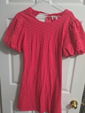 Free People Eyelet Puff Sleeve Mini Dress - Coral Pink
